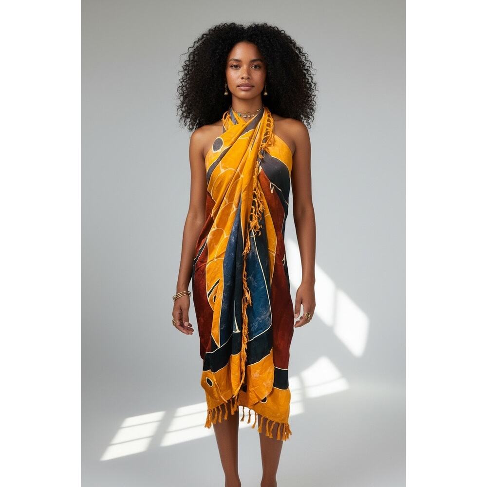 Women’s Boho Beach Coverup Rayon Sarong Mustard Yellow Fringe